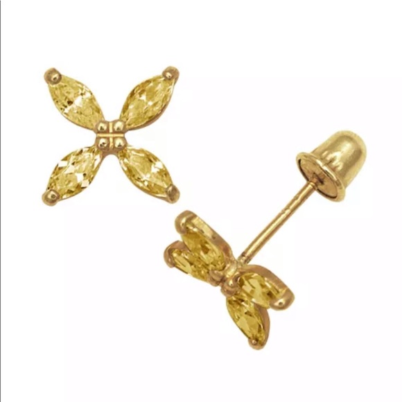 14k Solid Gold Blue Sapphire Fliwer Stud Earrings - Picture 6 of 8